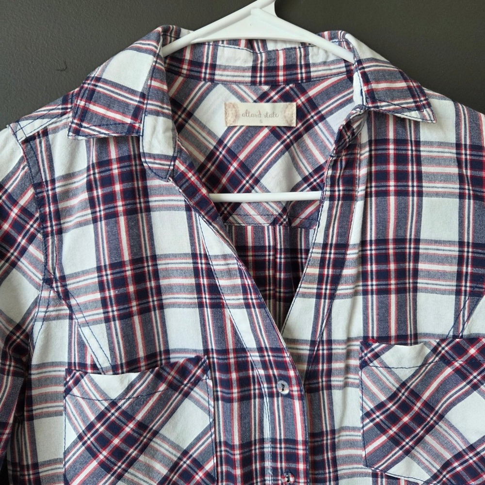 Altard State Womens‎ Plaid Button Down Shirt Red White Blue Roll Tab Sleeve S - Picture 2 of 6
